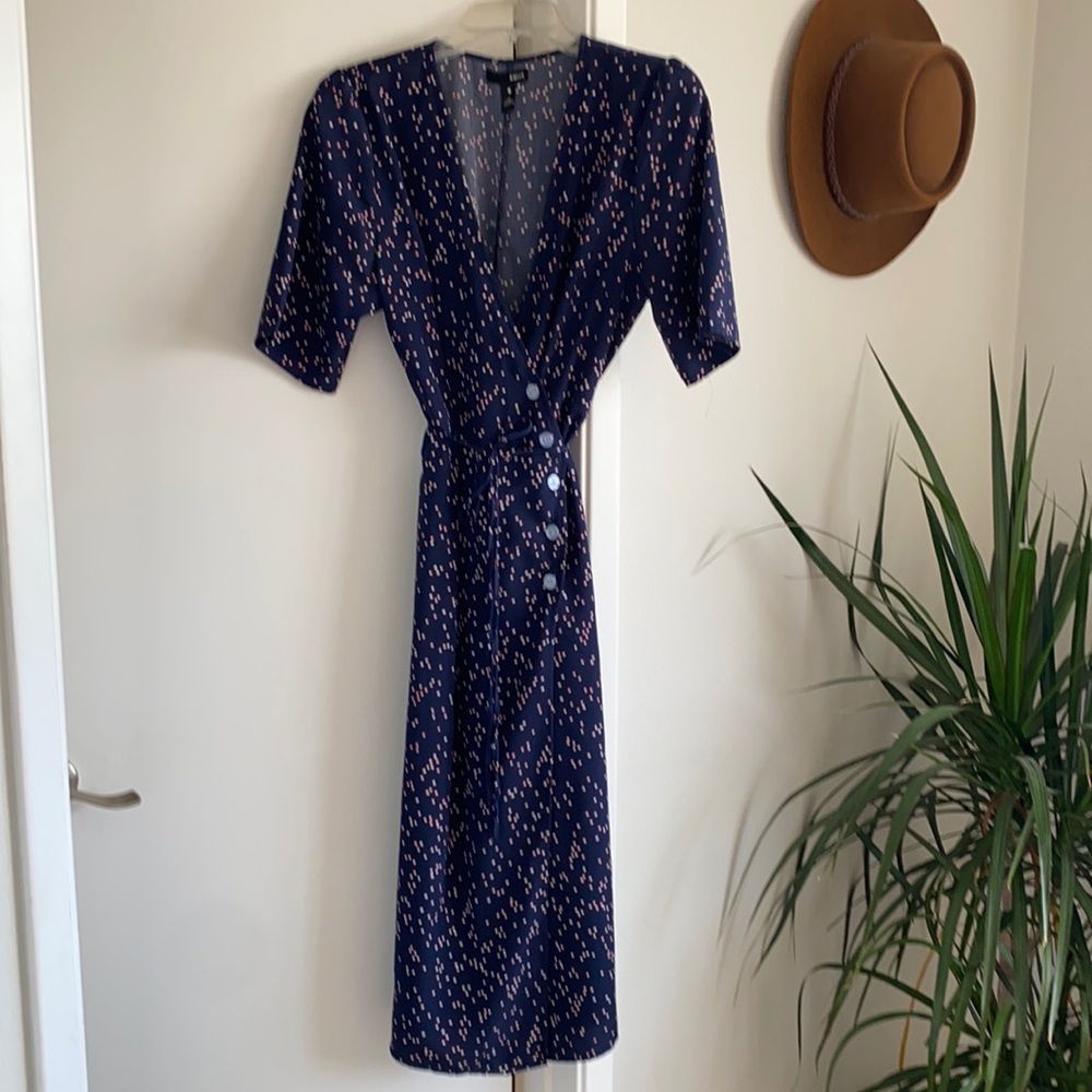 Aqua asymmetrical button front wrap midi dress